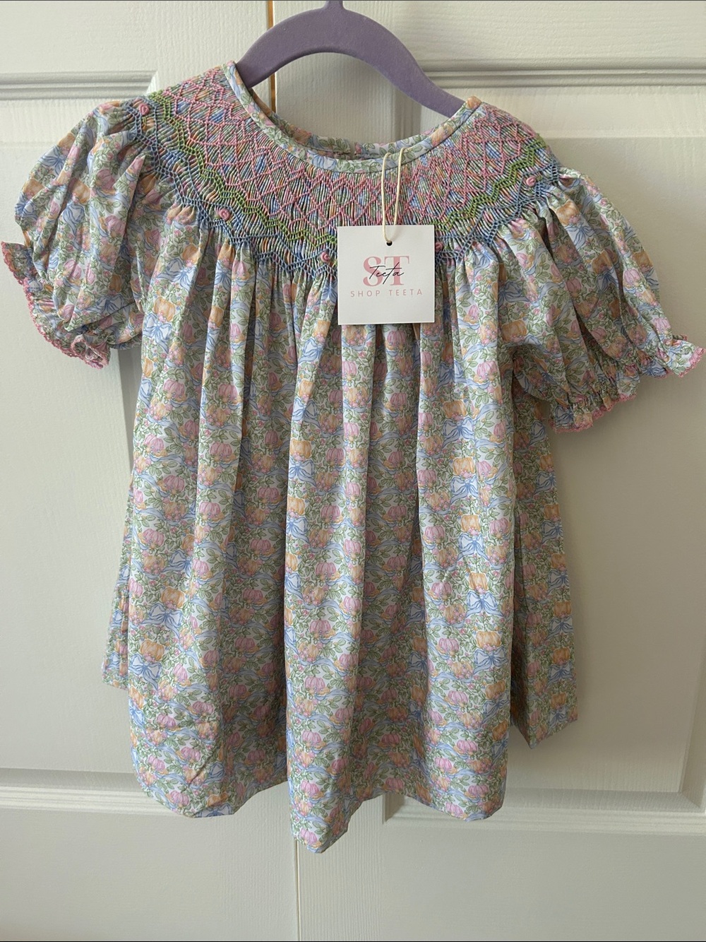 Girls' Smocked Floral Pumpkin Dress in Pastel Pink & Blue